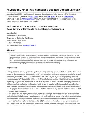 Thumbnail for Has Hardcastle Located Consciousness? (Review of Valerie Gray Hardcastle (1995) Locating Consciousness Philadelphia: John Benjamins Publishing Company)