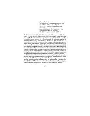 Thumbnail for Review of The Body/Mind Conceptual Framework and the Problem of Personal Identity by Albert Shalom